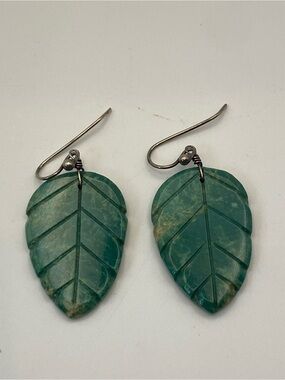 Genuine .925 Sterling Silver Green Amazonite Teardrop Leaf Dangle Earrings